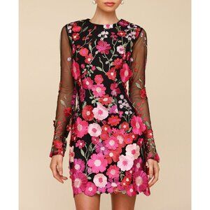 New Avec Les Filles 3D Floral Applique Mini Dress Black Pink 2 XS $179